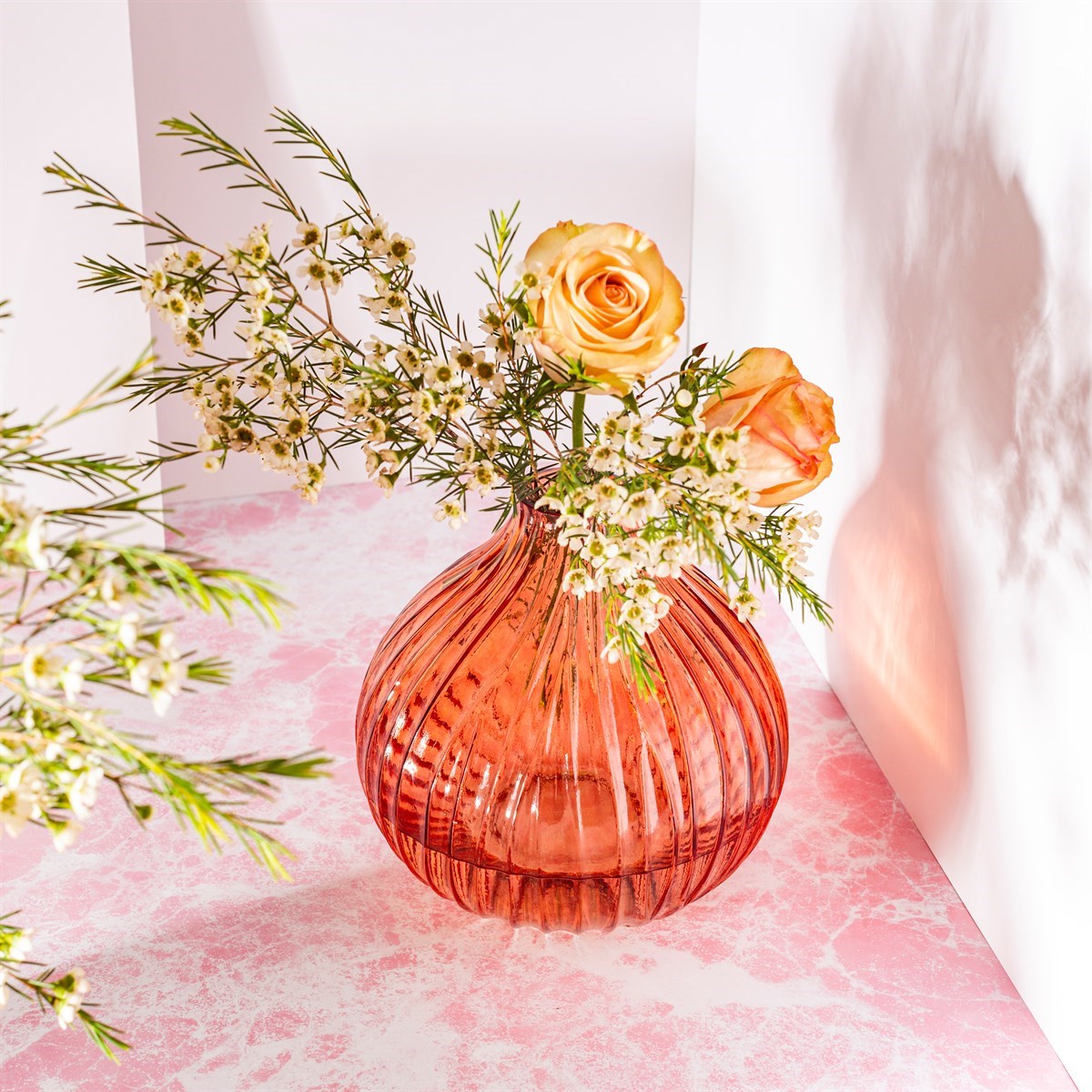 Round Fluted Glass Vase Amber/Orange
